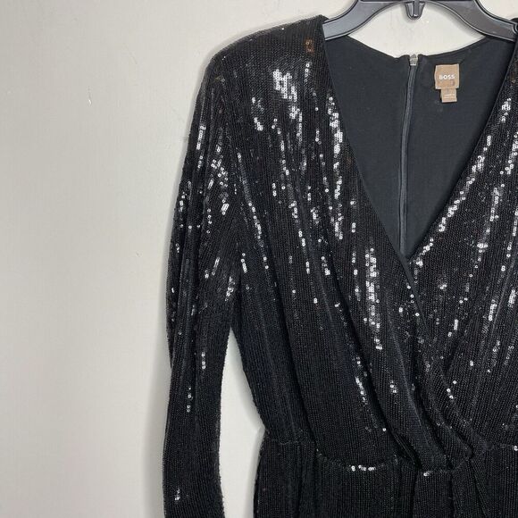 Hugo BOSS Epalleta Dress Women XL Black Sequin Long Sleeve Mini Cocktail - Picture 4 of 13